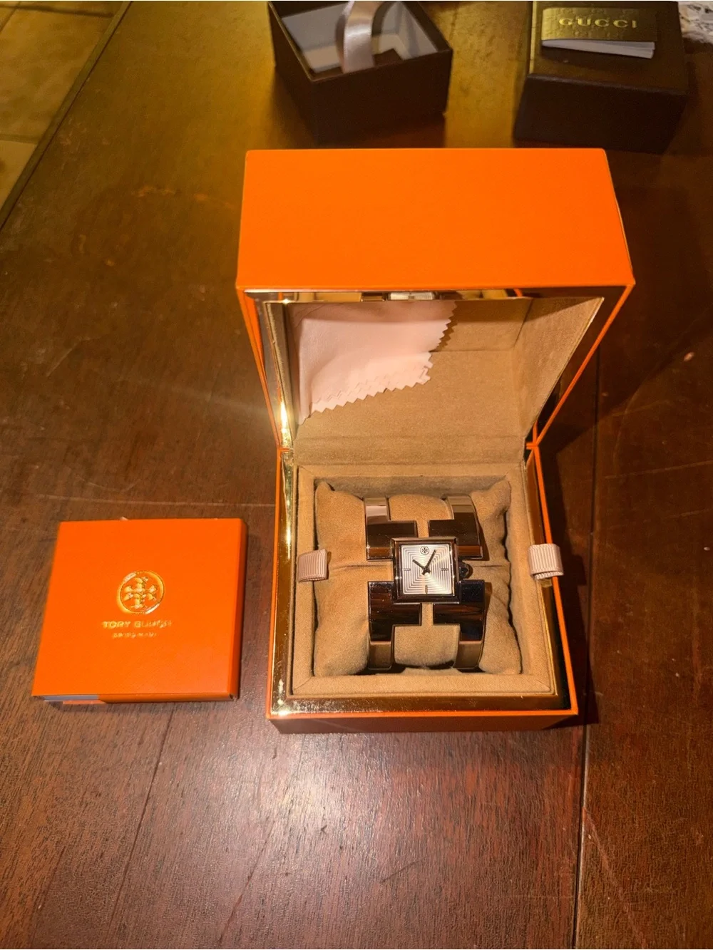 Tory Burch Square-Link Silver and Brown Bracelet Watch